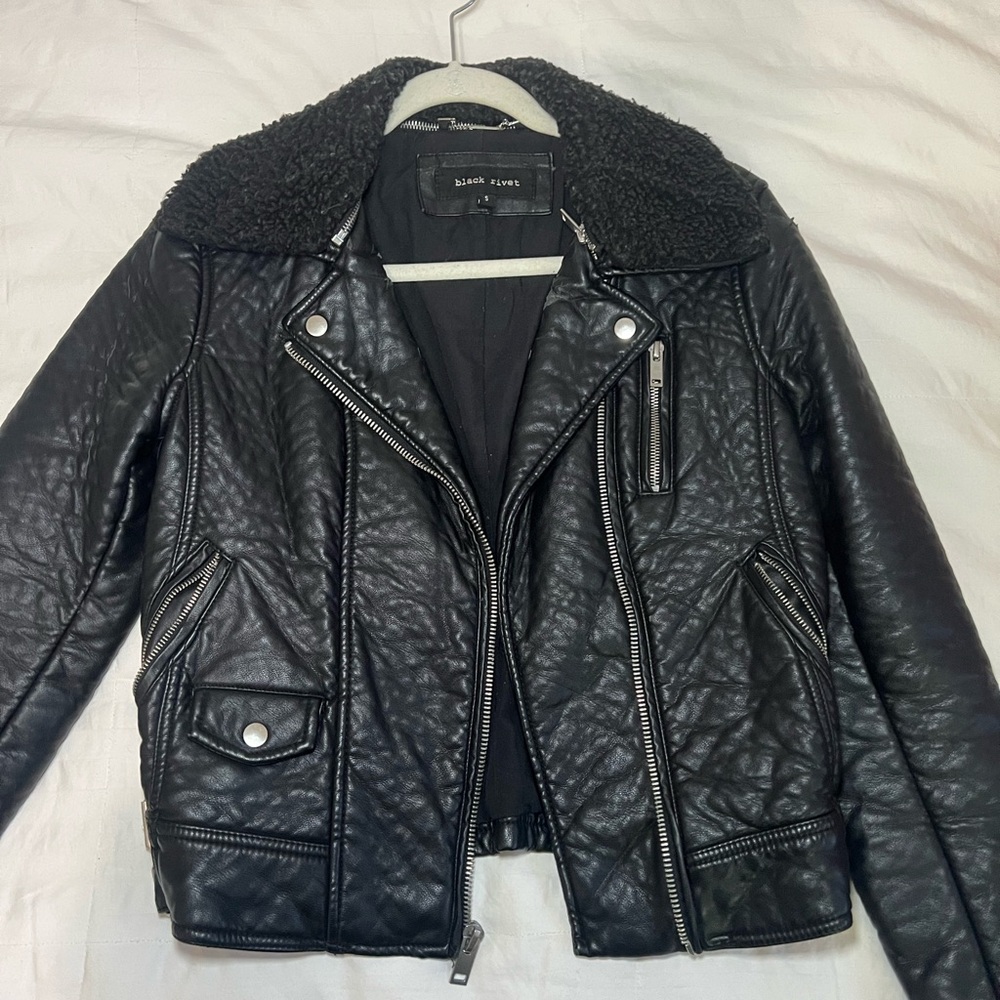 Black Rivet Leather Jacket with Faux Fur removable collar